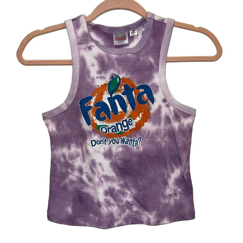 Coca Cola Fanta Orange Graphic Tank Top Purple Tie Dye Ribbed Crop Tank S/M NWOT